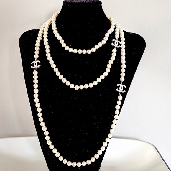 CHANEL Jewelry - CHANEL 72 inch triple CC Pearl Charm Pearl Bead